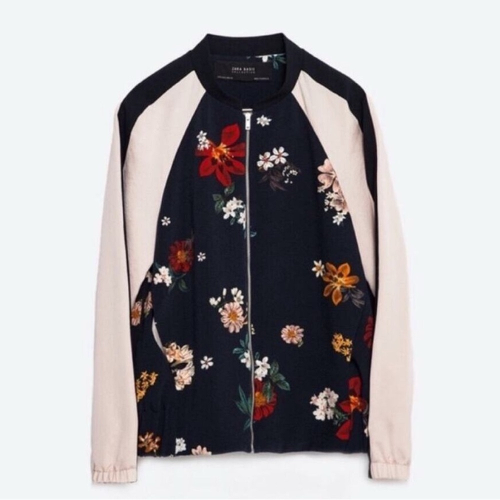 Zara Navy Floral Jacket with cream Sleeves